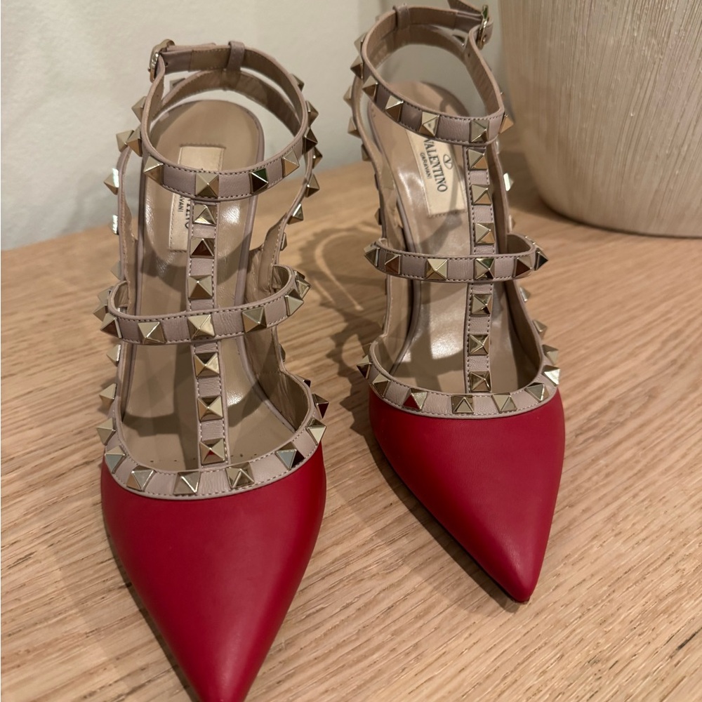 Valentino Red Pointed-Toe Rockstud T-Strap Pumps with Nude Straps